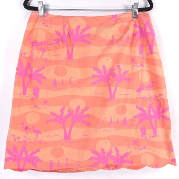 LILLY PULITZER VTG Cotton Palm Sunset Man & Woman Tropical A-Line Skirt Size 14